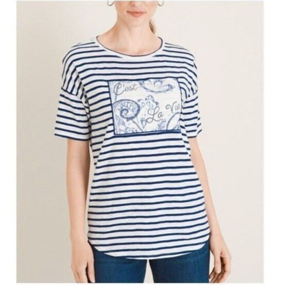Chico's Blue and White Striped "C'est la vie" Bandana Tee - Size 1